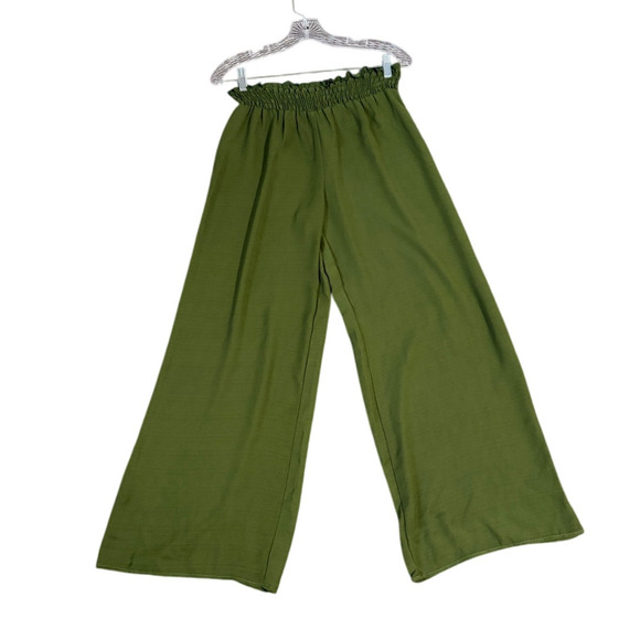 Evolutionary Pants - Evolutionary Green Boho Wide Leg Pants Elastic Smocked Waistband Flowy Lounge L